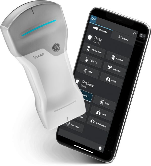 mobiles Farbdoppler Ultraschallgerät Vsacn Air CL mit Handy und Darstellung verfügbarer Presets